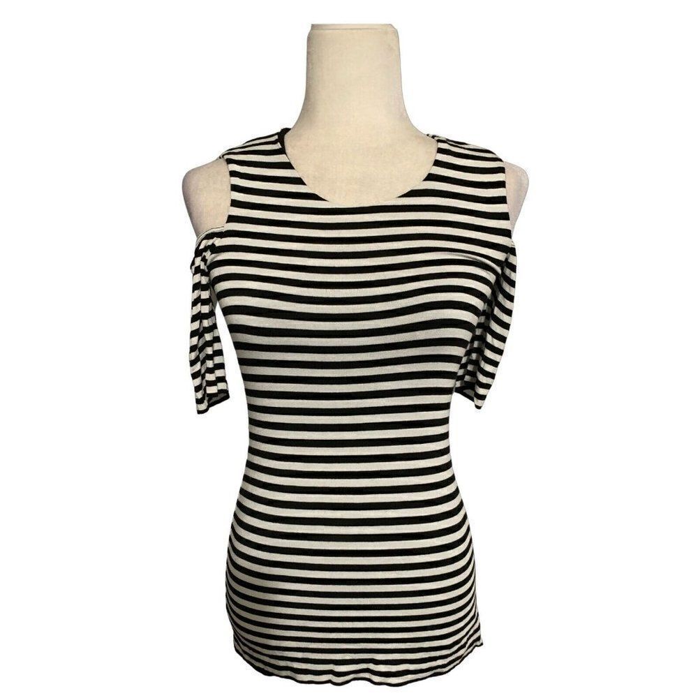 bailey 44 womens black white striped short sleeve cold shoulder top t shirt xs